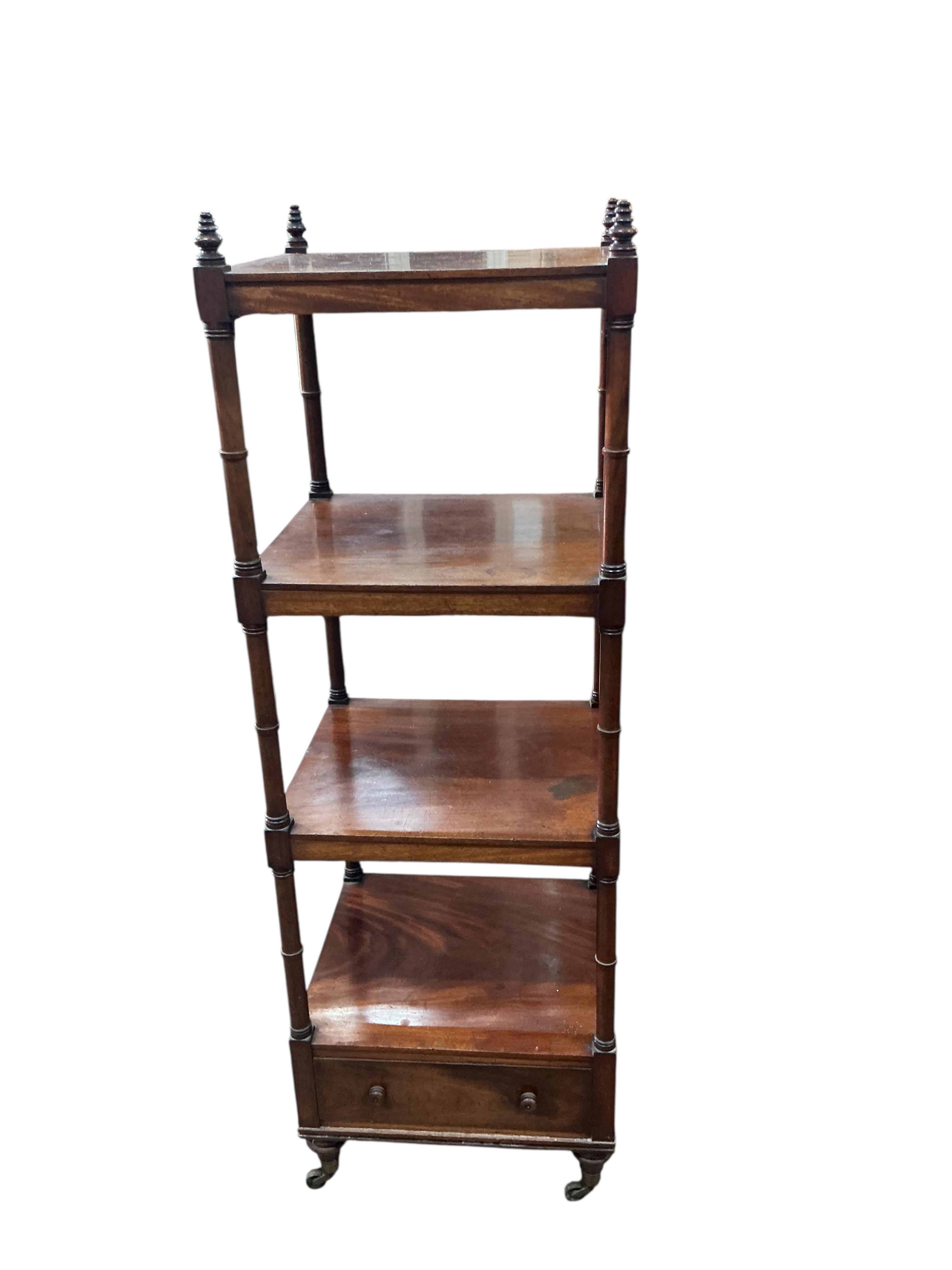 A Regency mahogany four tier whatnot, width 45cm, depth 41cm, height 140cm